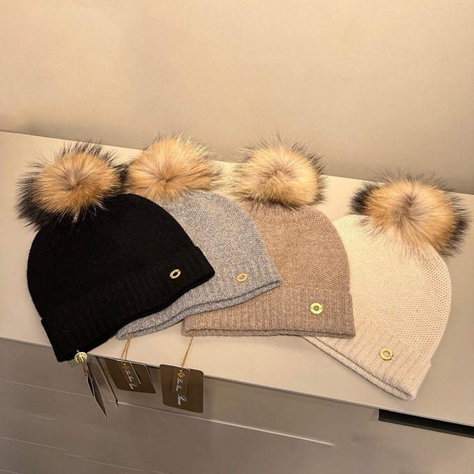 loro piana cashmere beanie with fox pom pom
